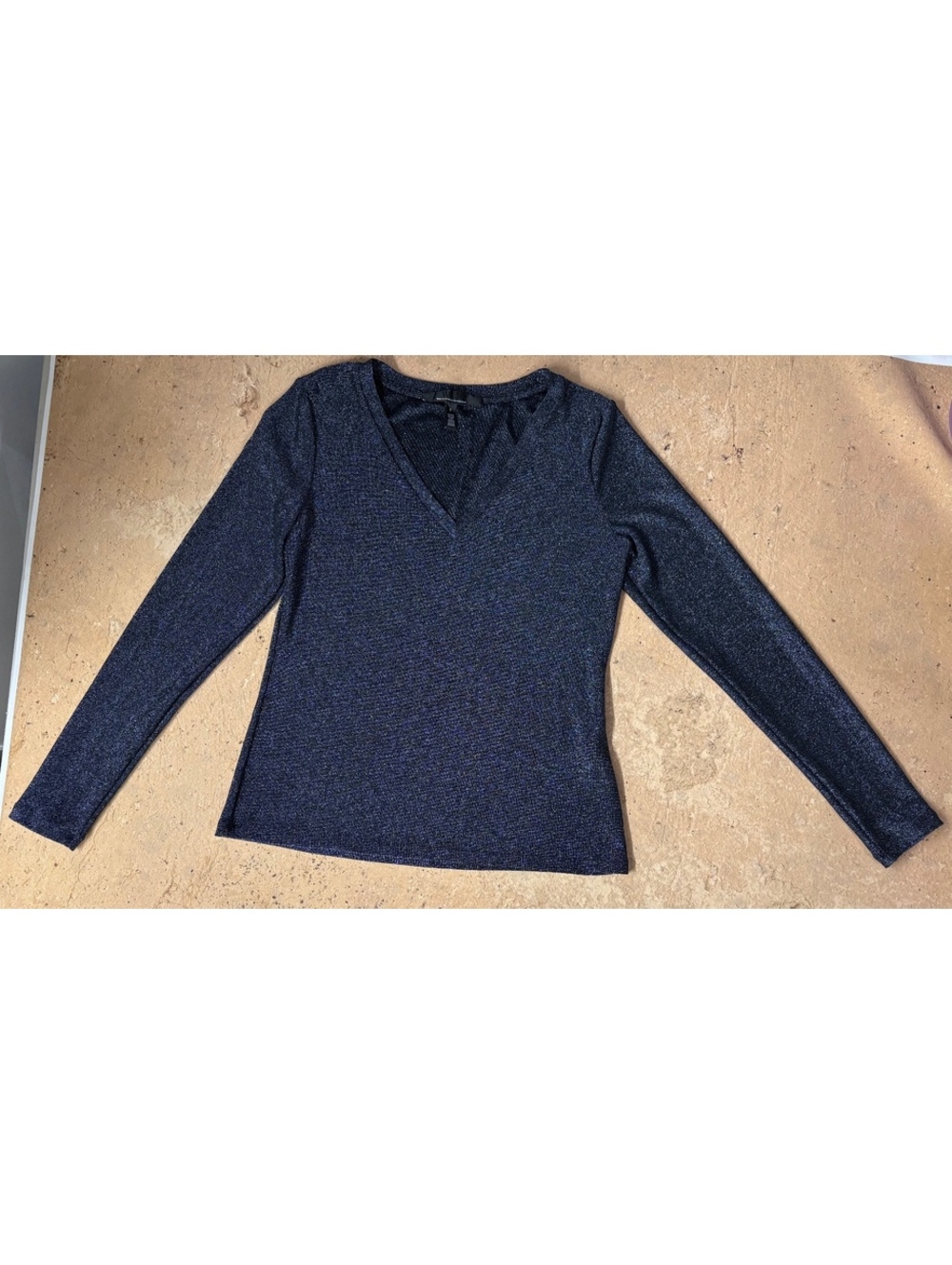 White House Black Market Blue Metallic Sparkle Knit V-Neck Top Size Small